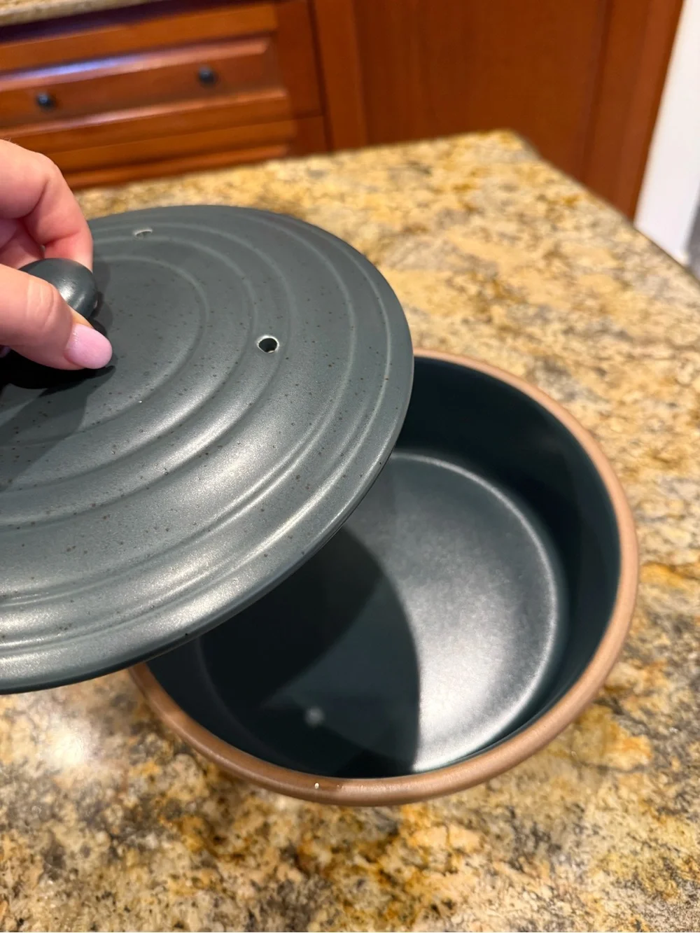 Green Ceramic Pancake Dish with Tree Motif